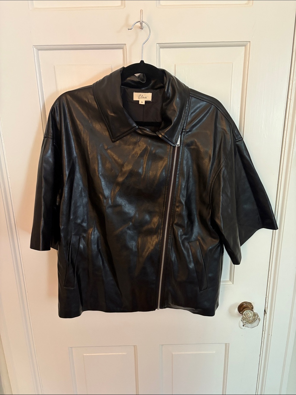 Elan Black Short-Sleeve Leather Zip-Front Jacket